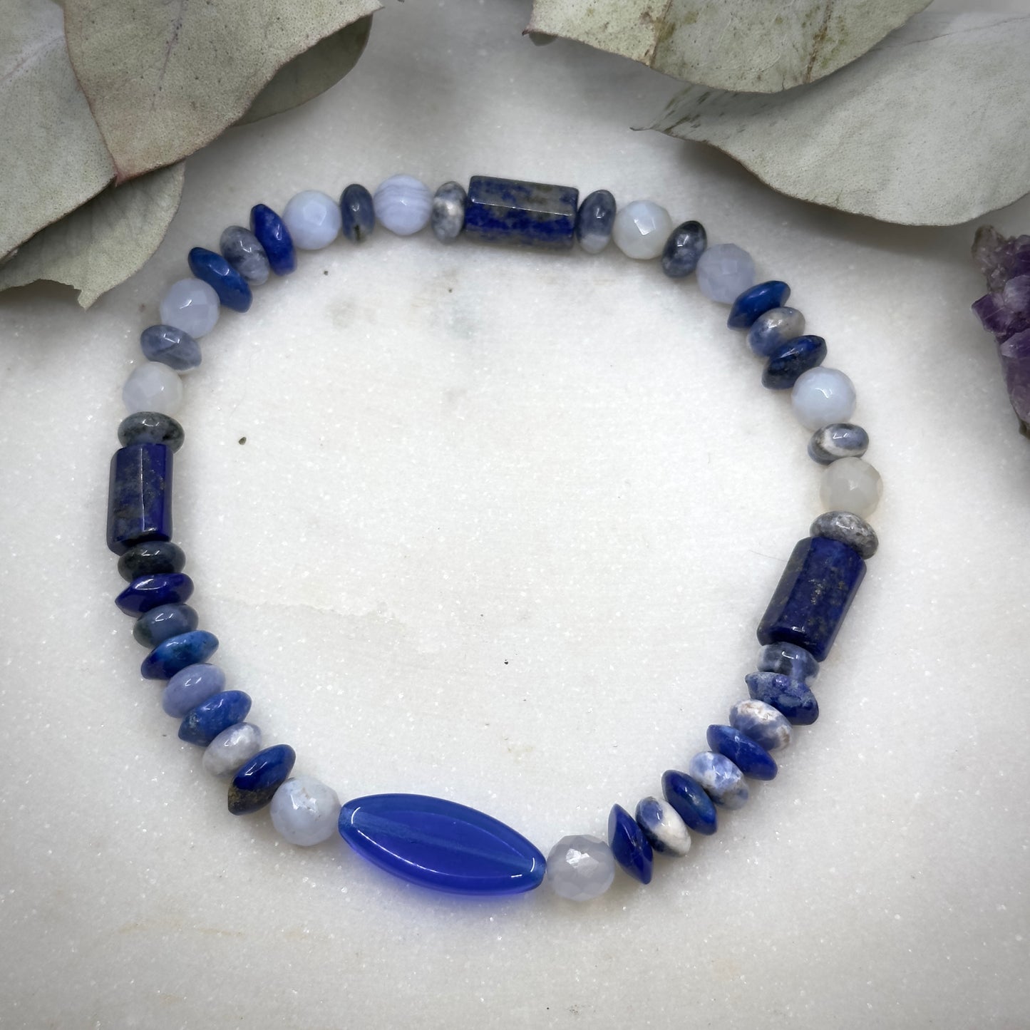 Blue Dreams, Lapis, Sodalite, Czech Glass, and Blue Lace Agate Stretch Bracelet - Throat Chakra