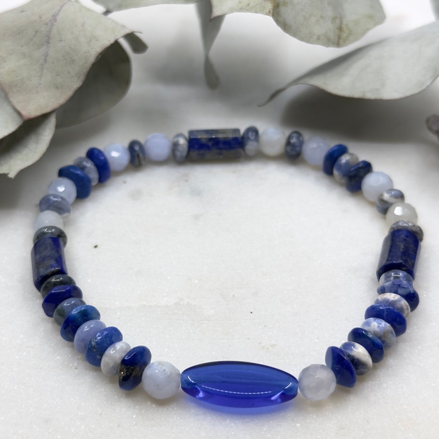 Blue Dreams, Lapis, Sodalite, Czech Glass, and Blue Lace Agate Stretch Bracelet - Throat Chakra