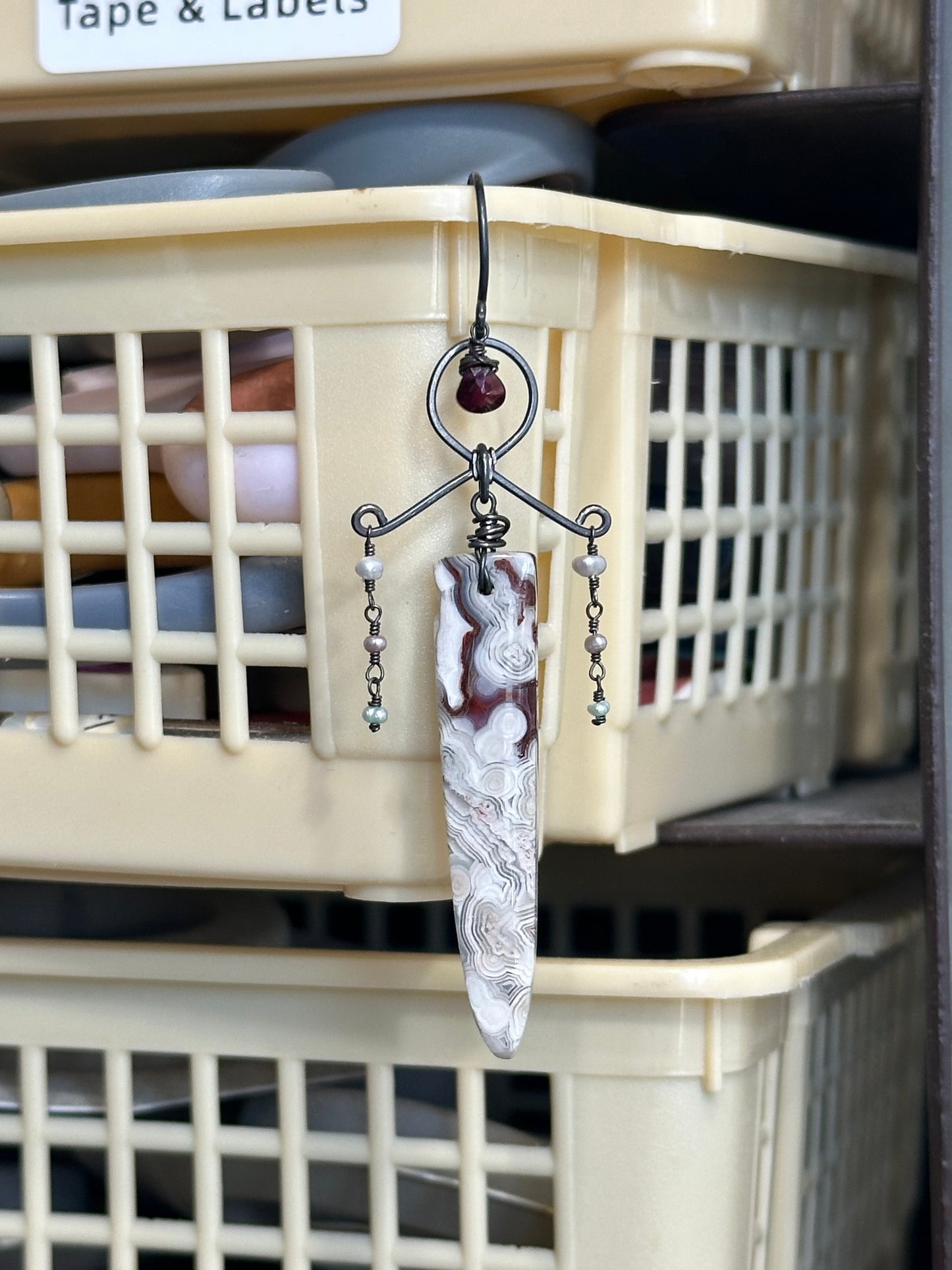 Ornate Sterling Silver Laguna Lace Agate, Garnet, and Pearl Earrings