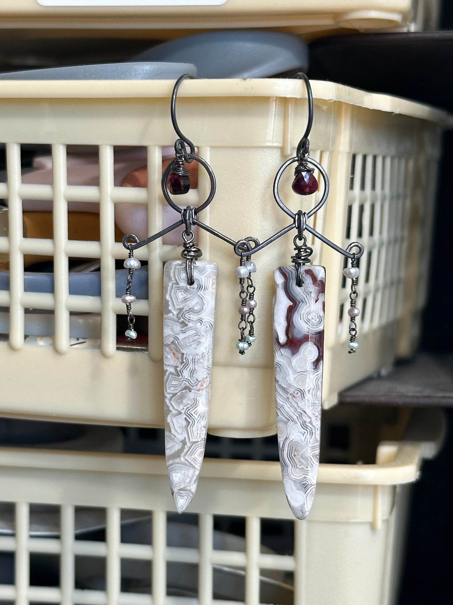 Ornate Sterling Silver Laguna Lace Agate, Garnet, and Pearl Earrings