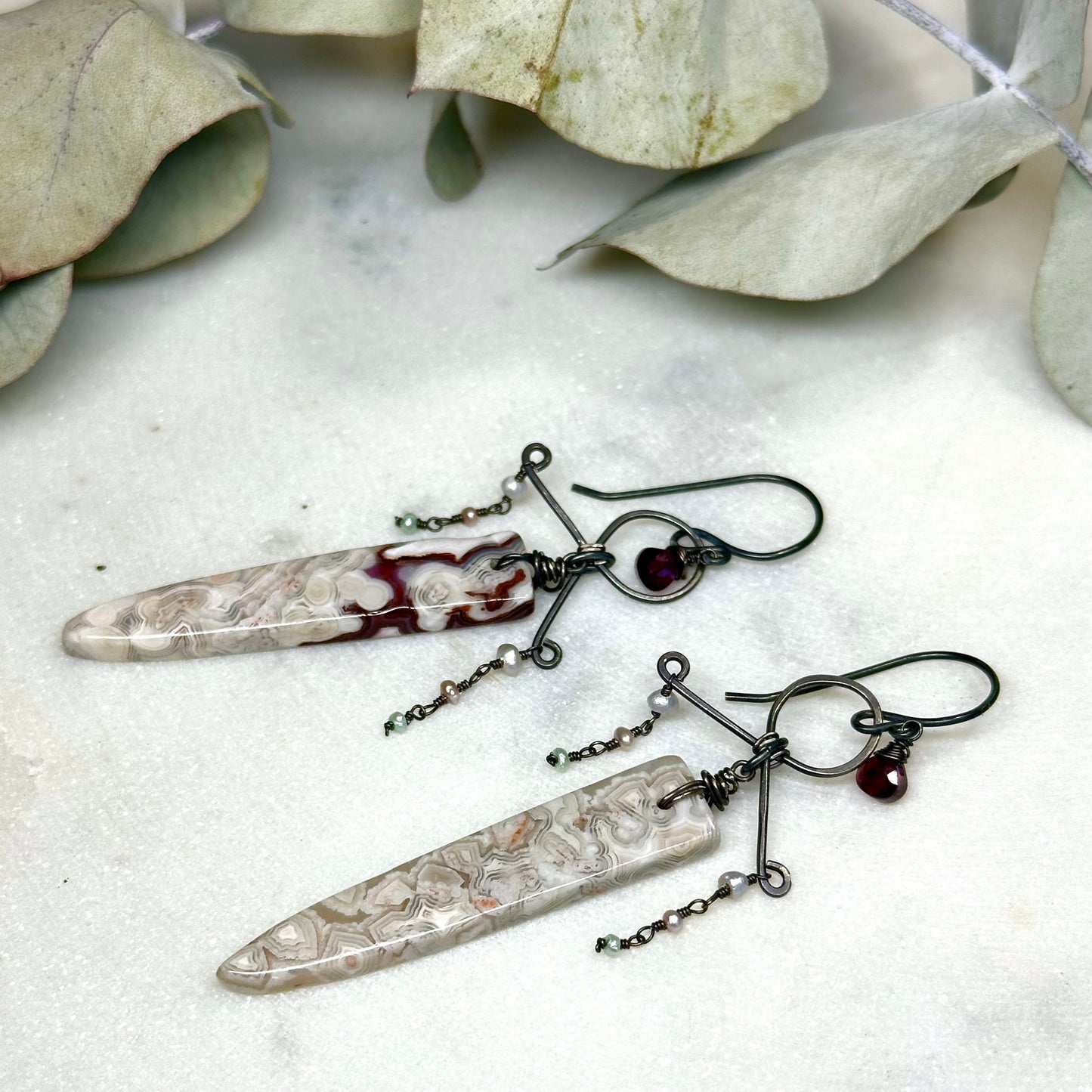 Ornate Sterling Silver Laguna Lace Agate, Garnet, and Pearl Earrings