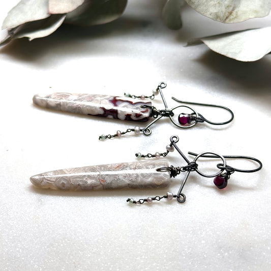 Ornate Sterling Silver Laguna Lace Agate, Garnet, and Pearl Earrings