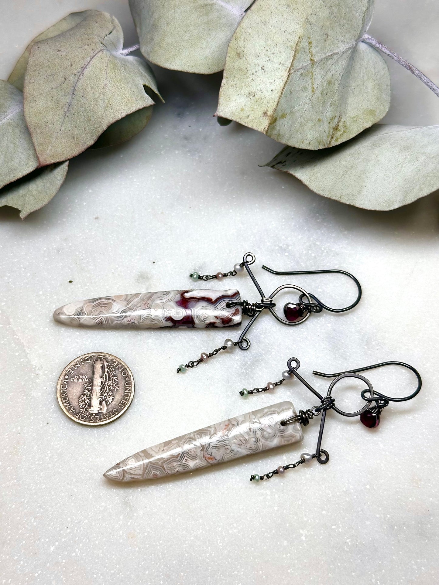 Ornate Sterling Silver Laguna Lace Agate, Garnet, and Pearl Earrings