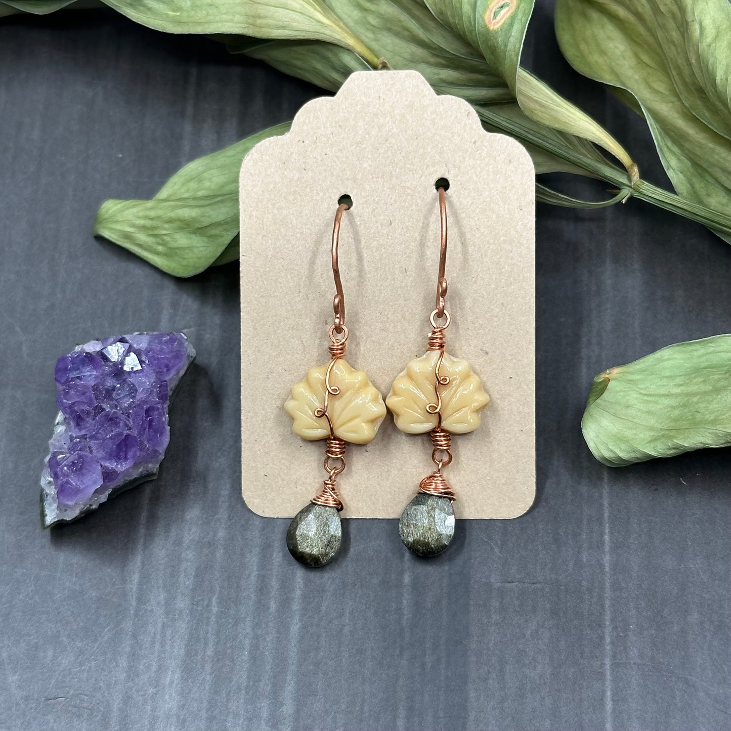 Golden Obsidian, Czech Glass, and copper Ornate Leaf Earrings