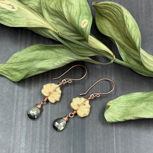 Golden Obsidian, Czech Glass, and copper Ornate Leaf Earrings