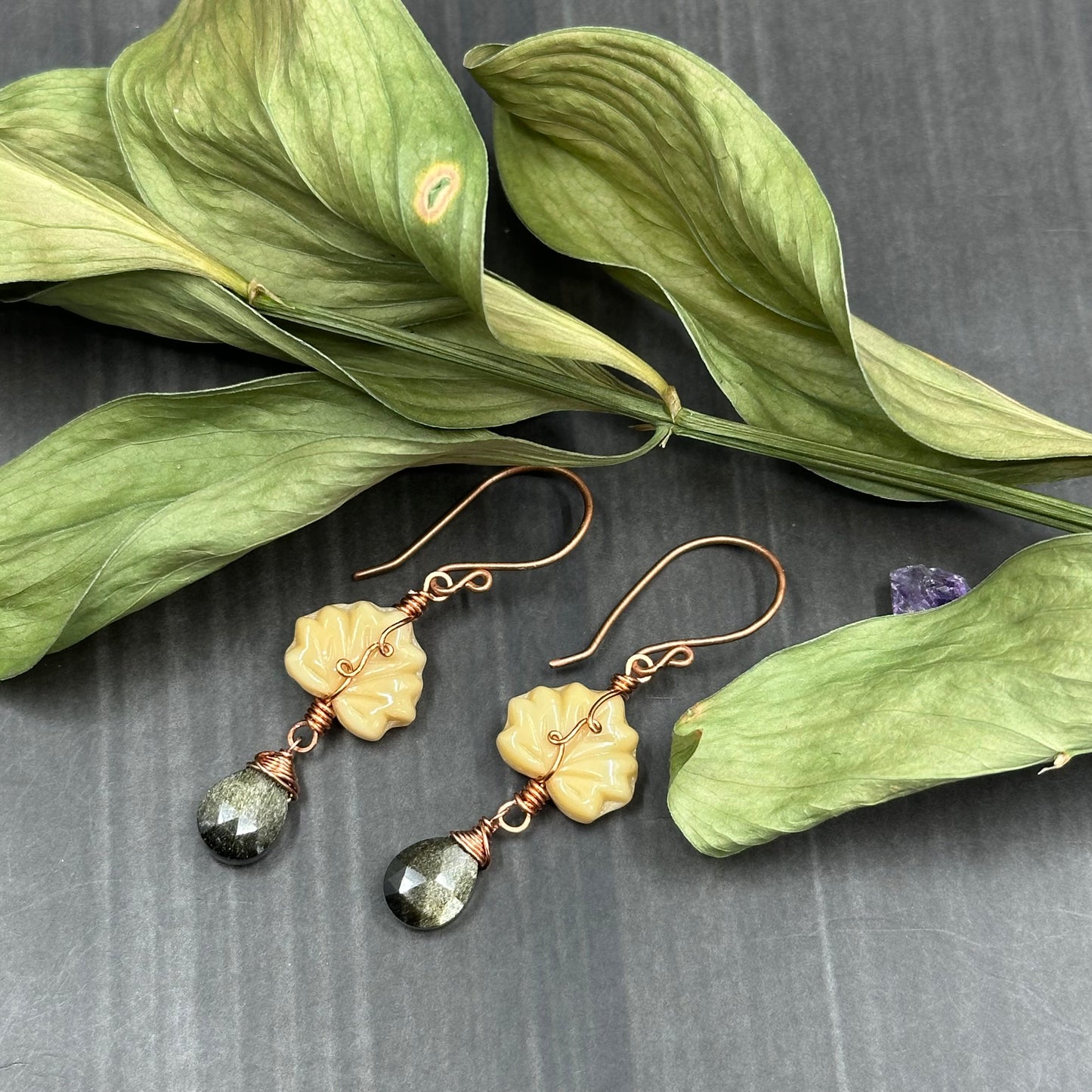 Golden Obsidian, Czech Glass, and copper Ornate Leaf Earrings