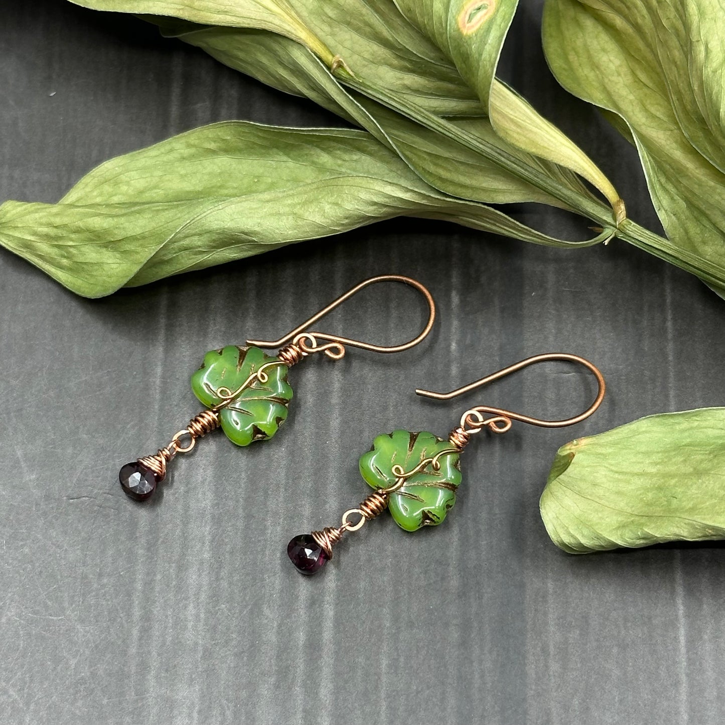 Deep Garnet, Czech Glass, and Copper - Ornate Leaf Earrings