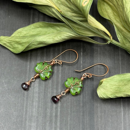 Deep Garnet, Czech Glass, and Copper - Ornate Leaf Earrings