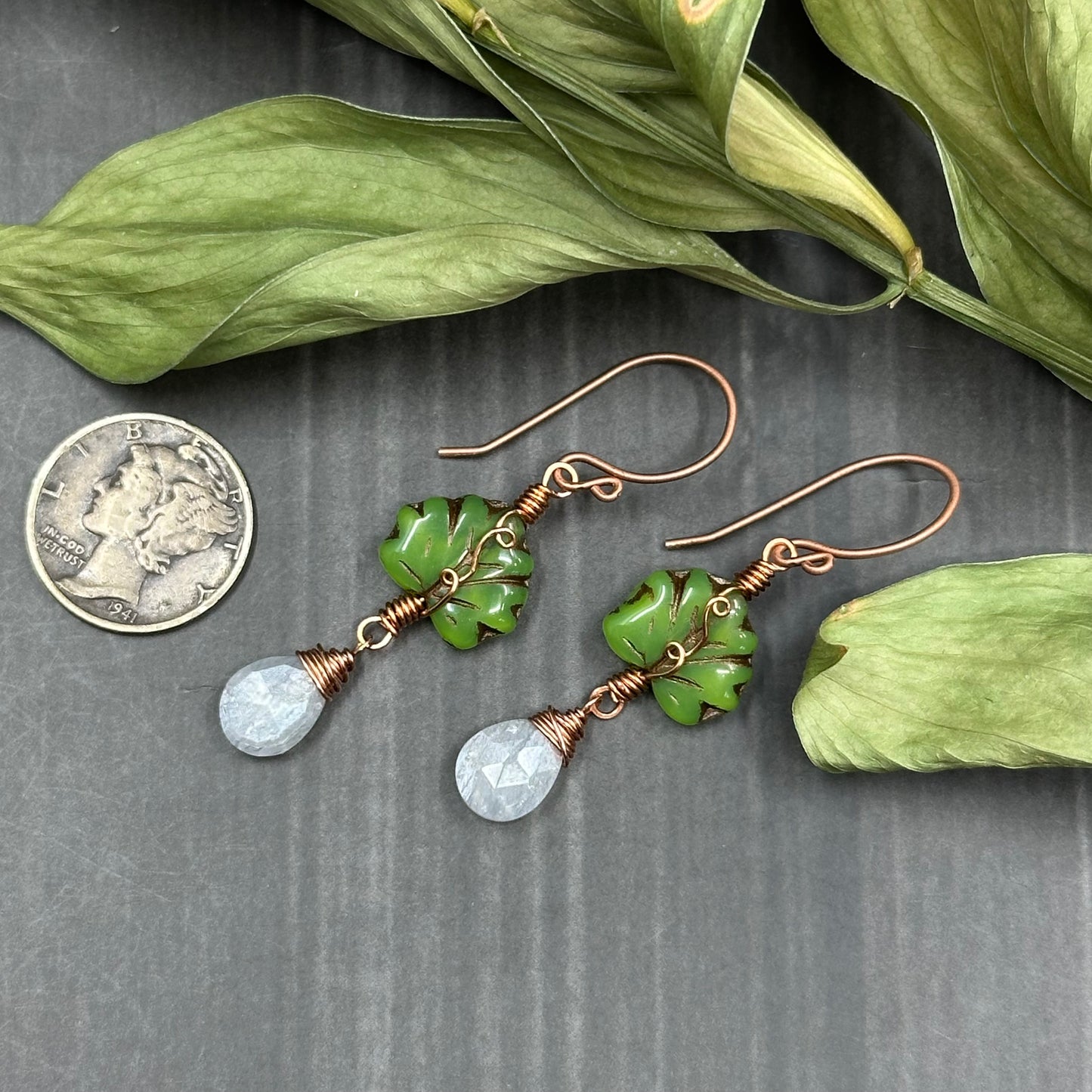 Gray Moonstone, Czech Glass, and Copper - Ornate Leaf Earrings