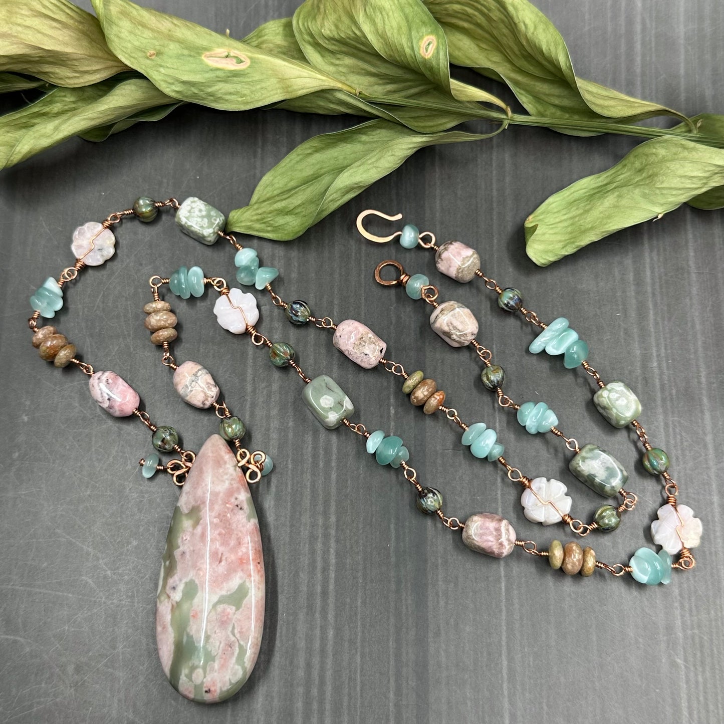 Cottagecore inspired copper wrapped necklace with gemstones and glass