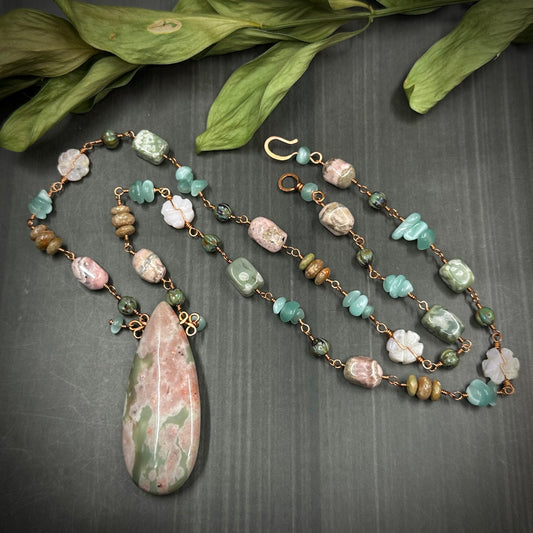 Cottagecore inspired copper wrapped necklace with gemstones and glass