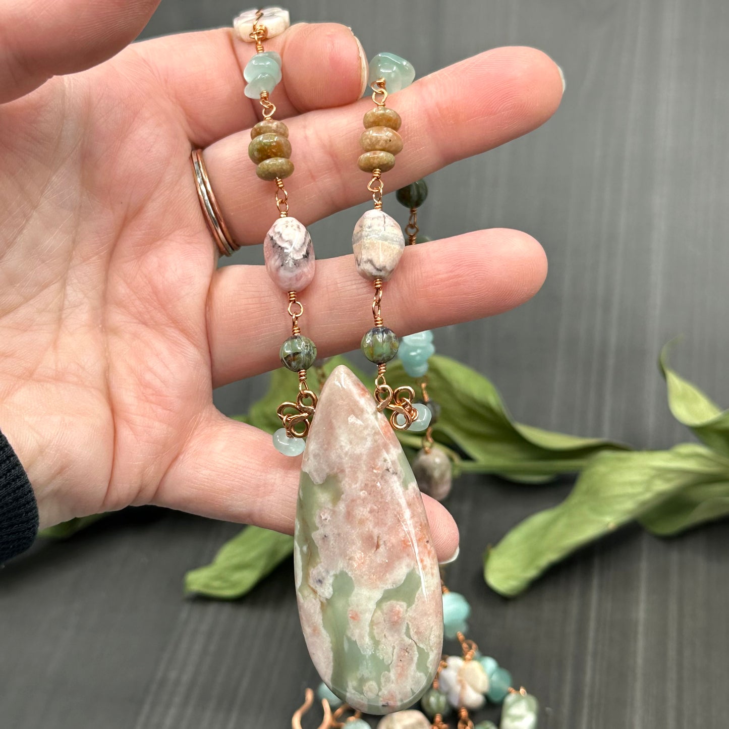 Cottagecore inspired copper wrapped necklace with gemstones and glass