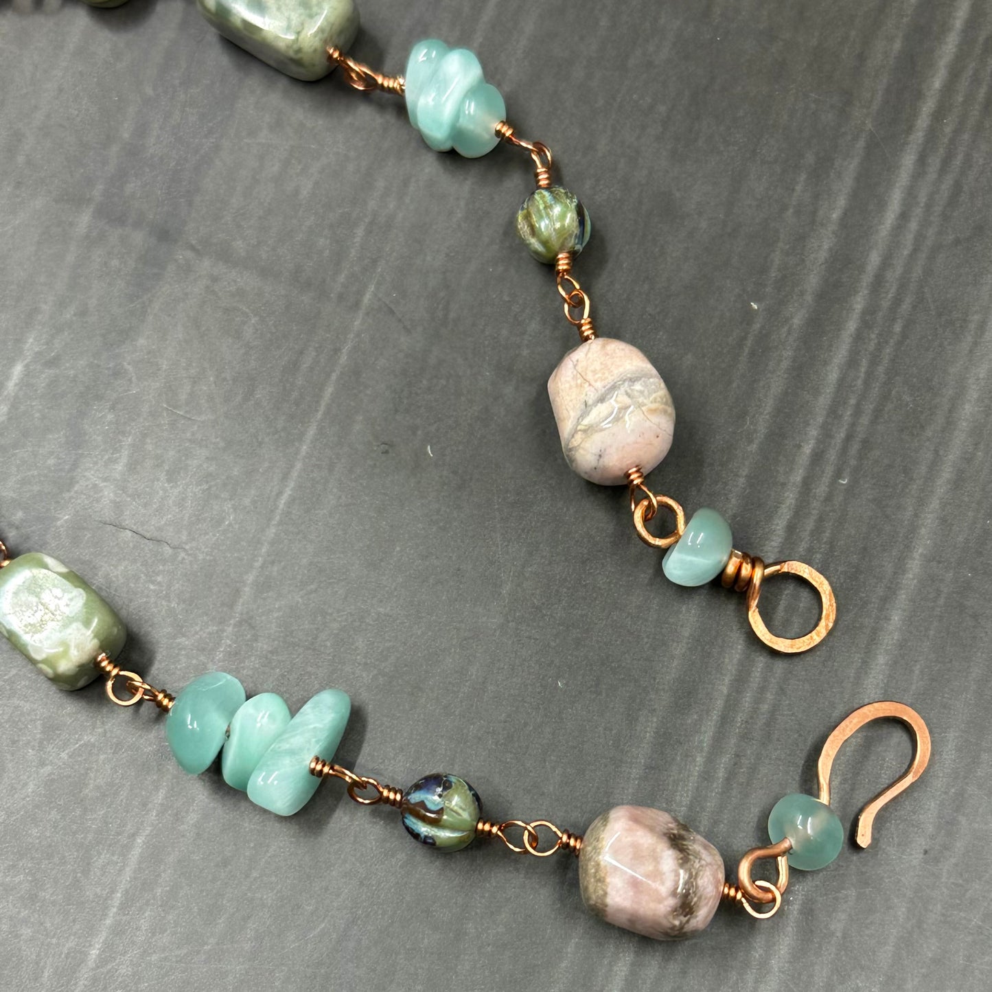 Cottagecore inspired copper wrapped necklace with gemstones and glass