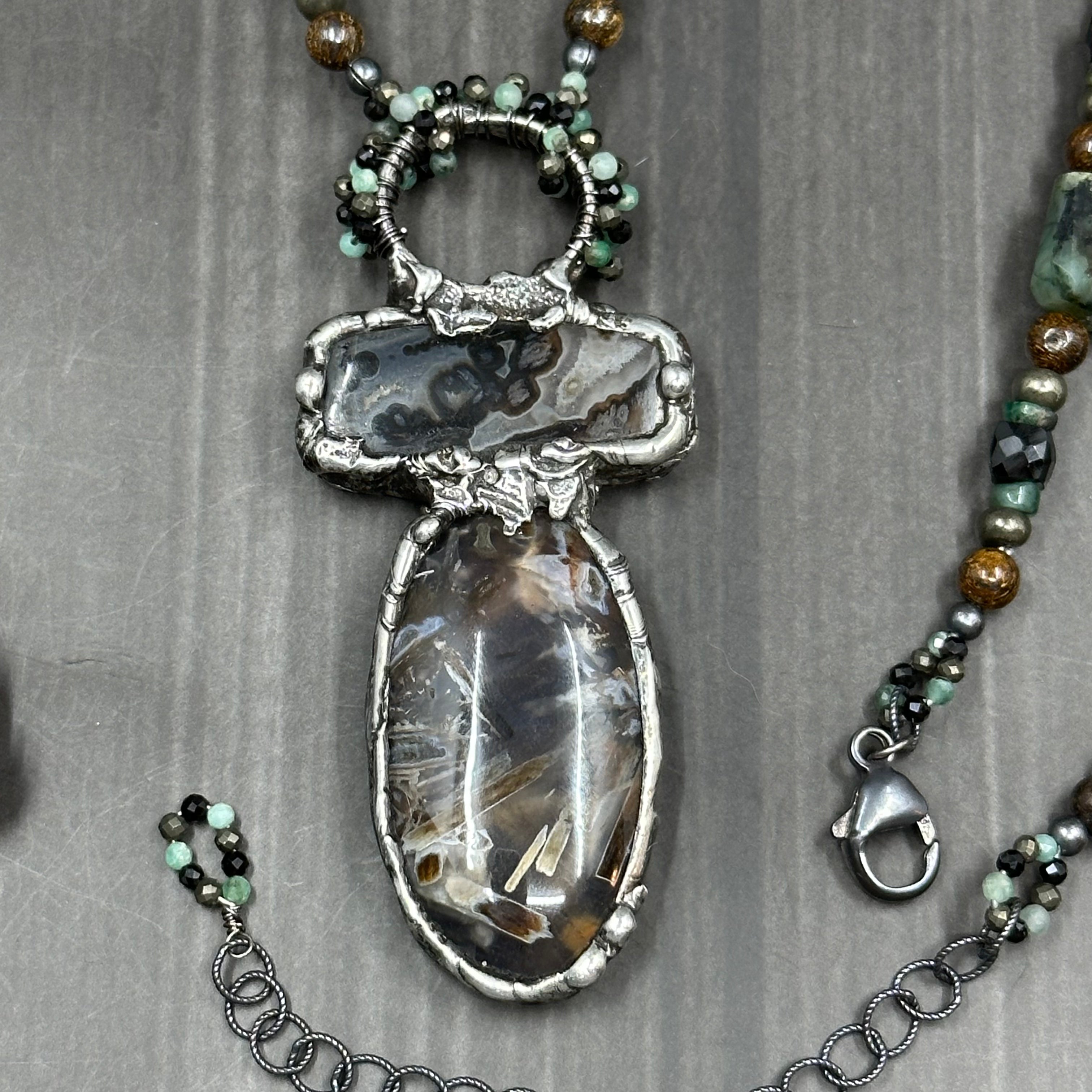 Emerald, Black spinel, Bronzite, and Pyrite Focal Necklace