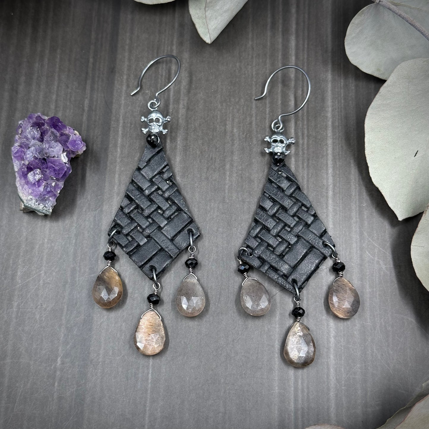 Embossed Leather, Skull, Spinel, and Moonstone Earrings