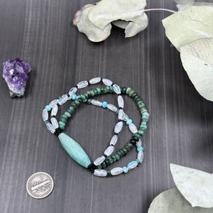 7" Tree Strand Stretch bracelet with Emerald, Moonstone, and Amazonite