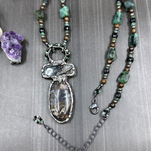 Emerald, Black spinel, Bronzite, and Pyrite Focal Necklace