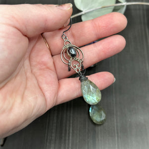 Hematite, Labradorite, and Black Diamond Earrings