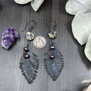 Leather Feather, Porcelain Jasper, and Freshwater Pearl Earrings