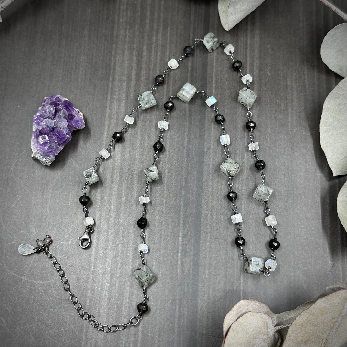 Tourmalinated quartz, smoky quartz, and rainbow moonstone sterling silver necklace