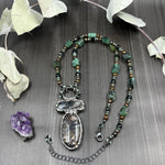 Load image into Gallery viewer, Emerald, Black spinel, Bronzite, and Pyrite Focal Necklace
