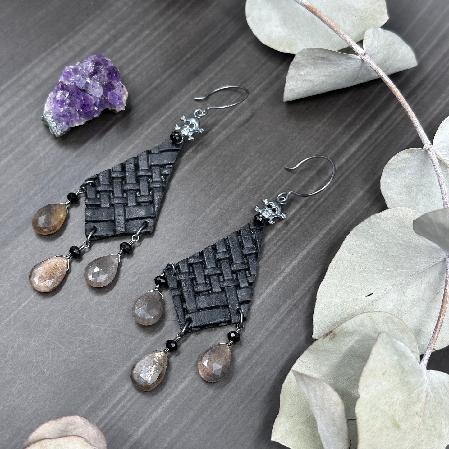 Embossed Leather, Skull, Spinel, and Moonstone Earrings