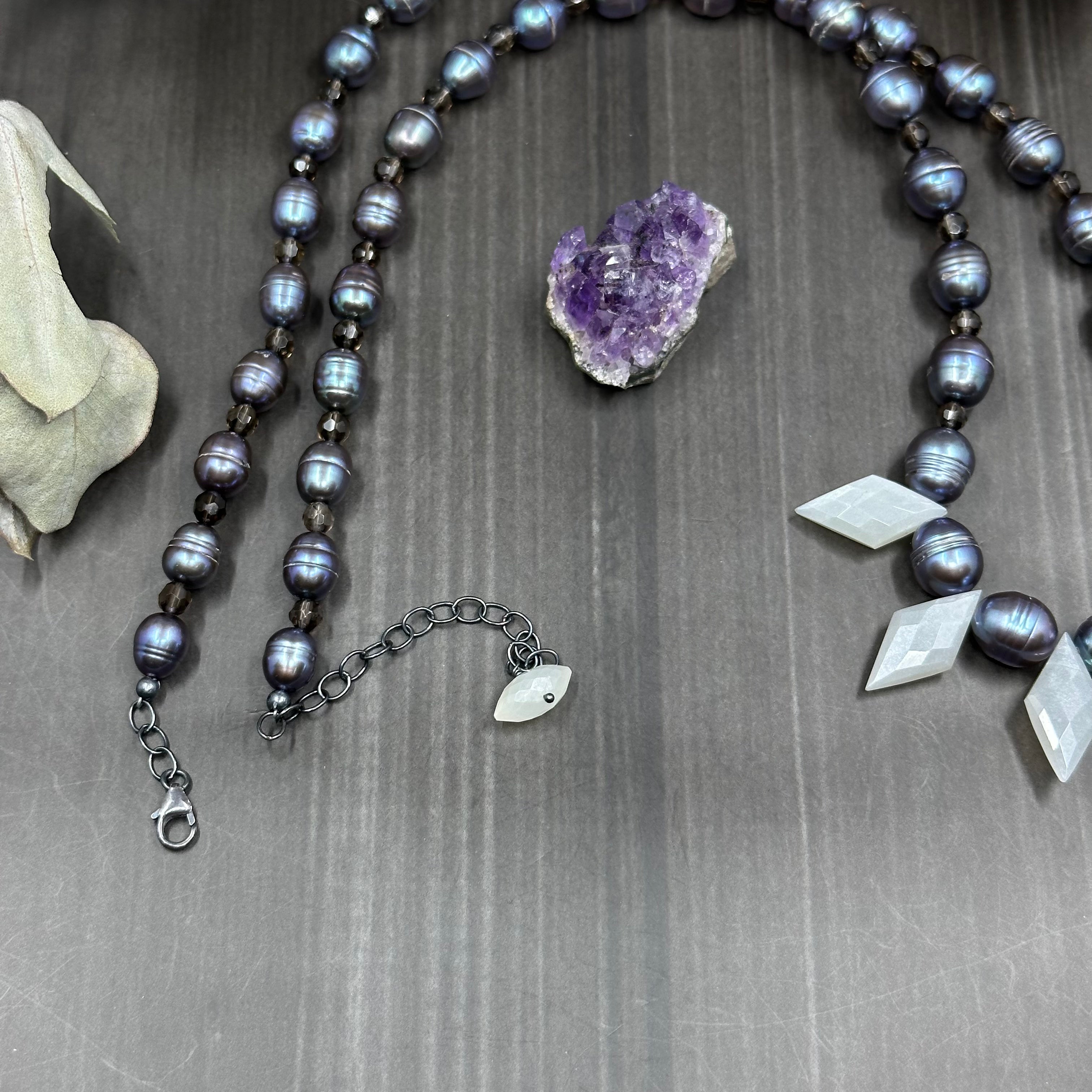 Pearl, Smoky Quartz, and Gray Moonstone Necklace