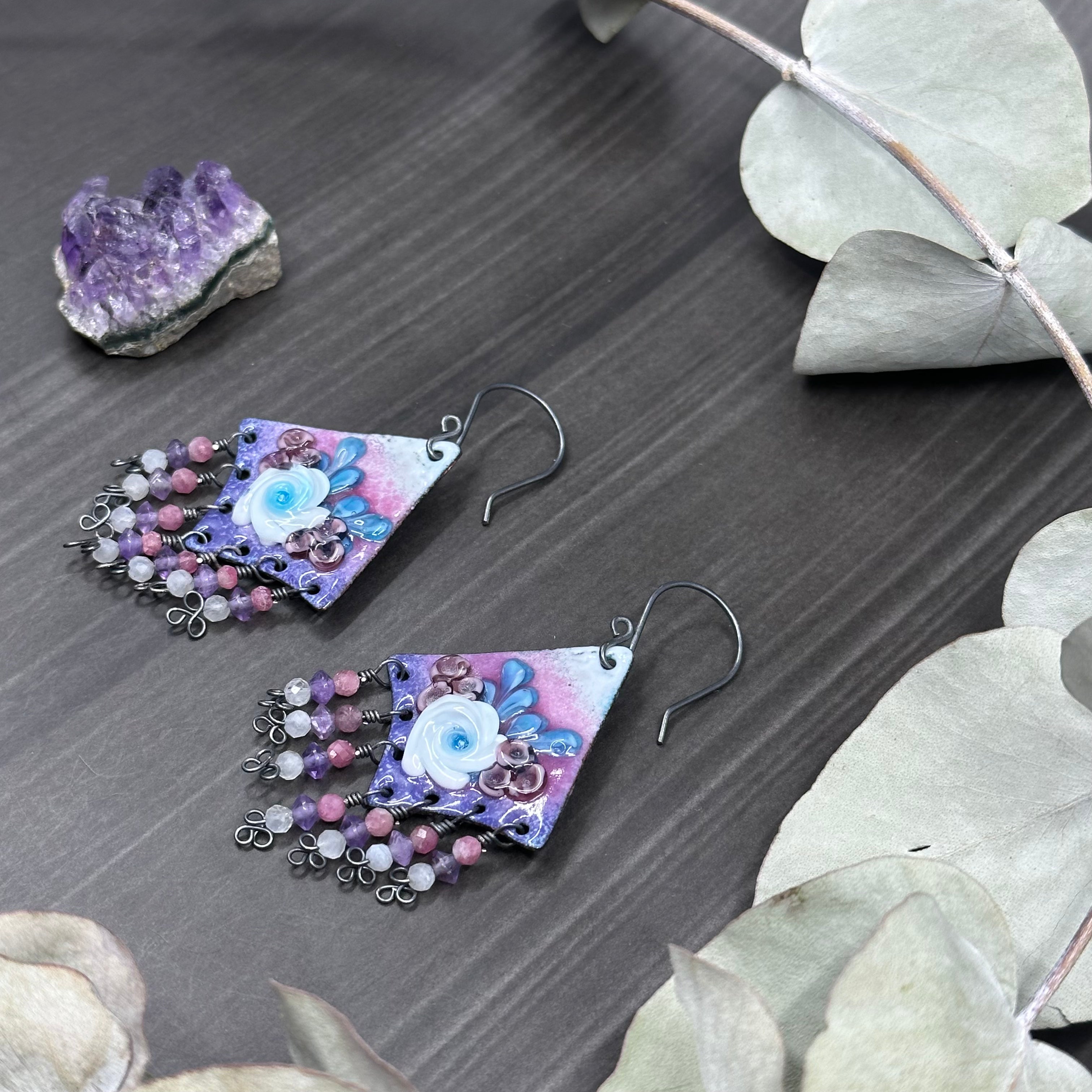 Floral Chandelier Earrings with Tourmaline, Moonstone, and Amethyst
