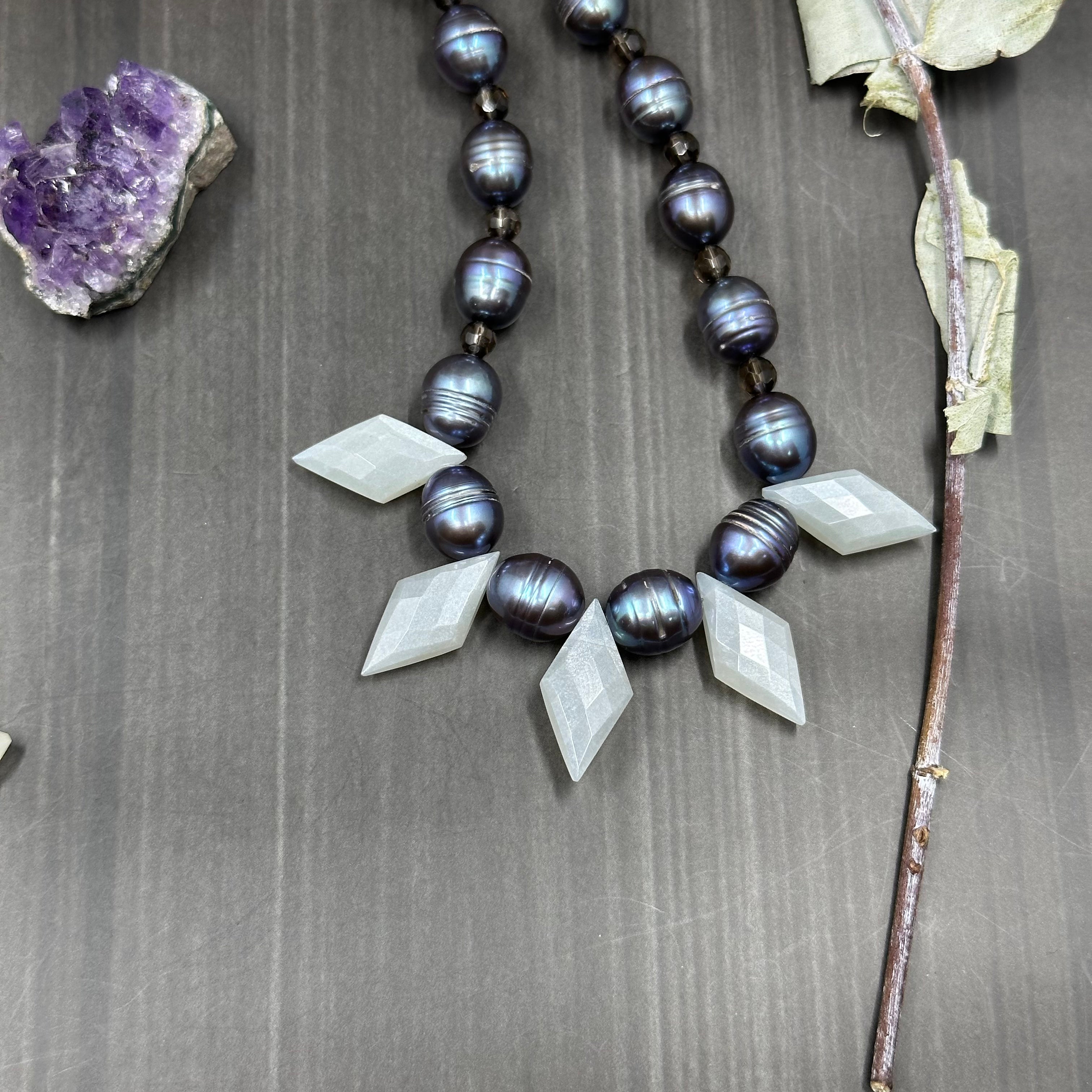 Pearl, Smoky Quartz, and Gray Moonstone Necklace