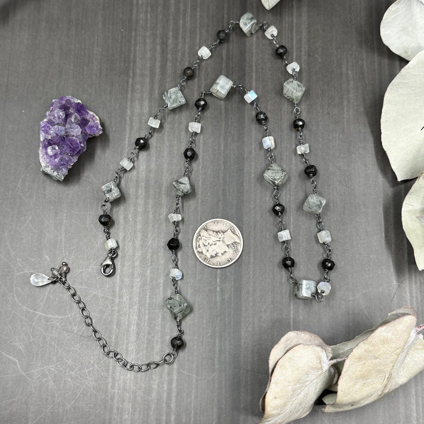 Tourmalinated quartz, smoky quartz, and rainbow moonstone sterling silver necklace