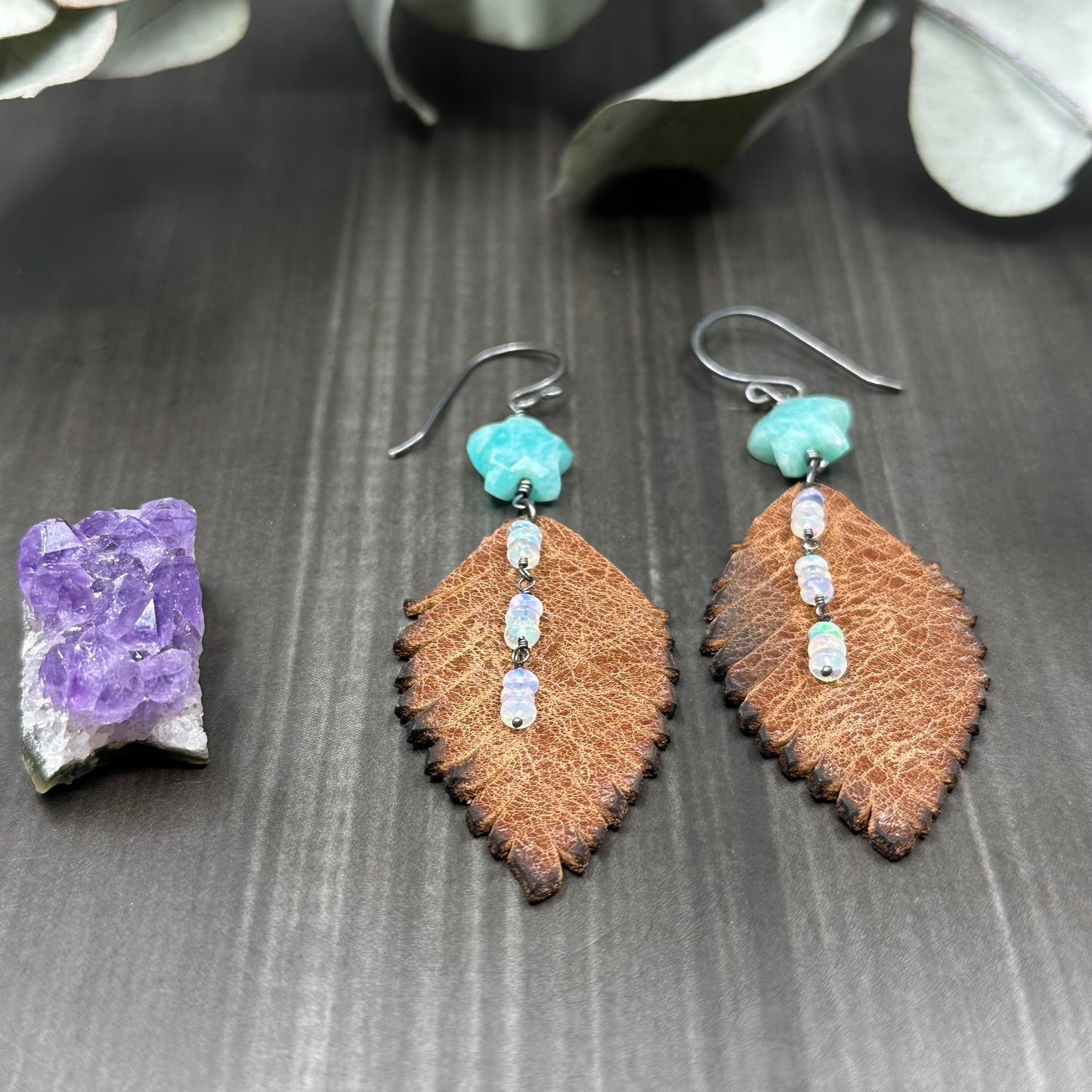 Leather Feather, Amazonite, and Opal Earrings
