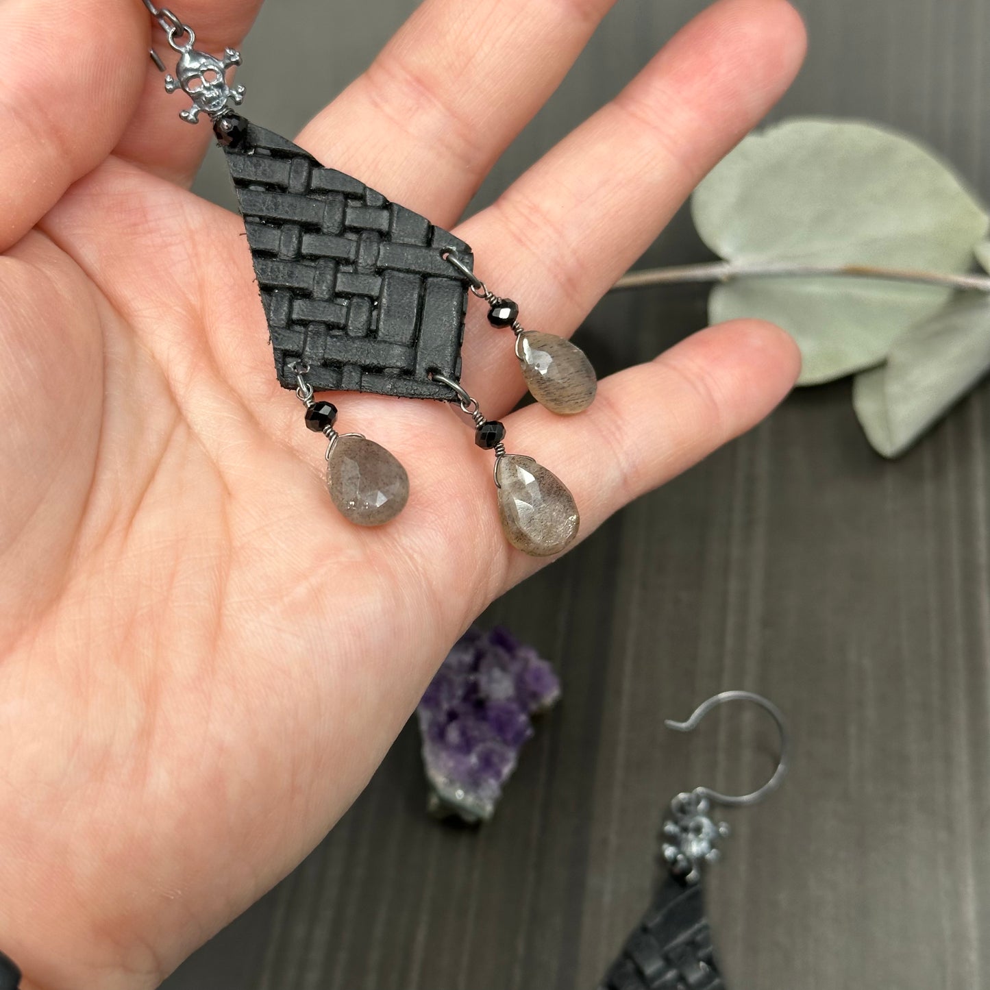 Embossed Leather, Skull, Spinel, and Moonstone Earrings