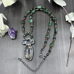 Load image into Gallery viewer, Emerald, Black spinel, Bronzite, and Pyrite Focal Necklace
