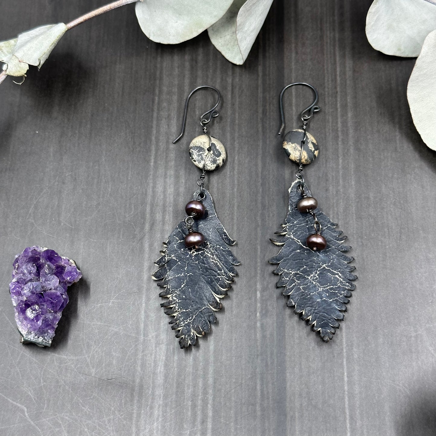 Leather Feather, Porcelain Jasper, and Freshwater Pearl Earrings