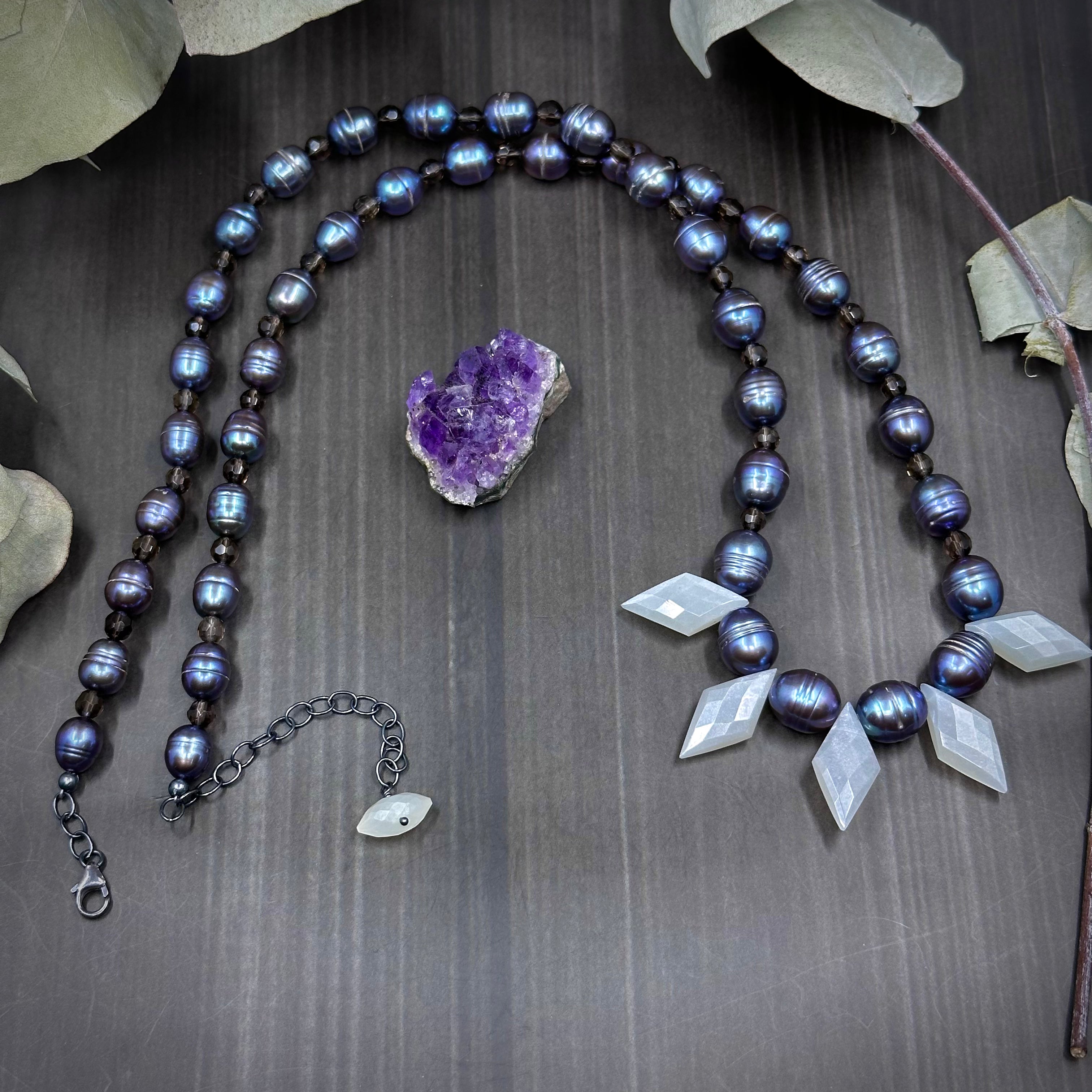 Pearl, Smoky Quartz, and Gray Moonstone Necklace
