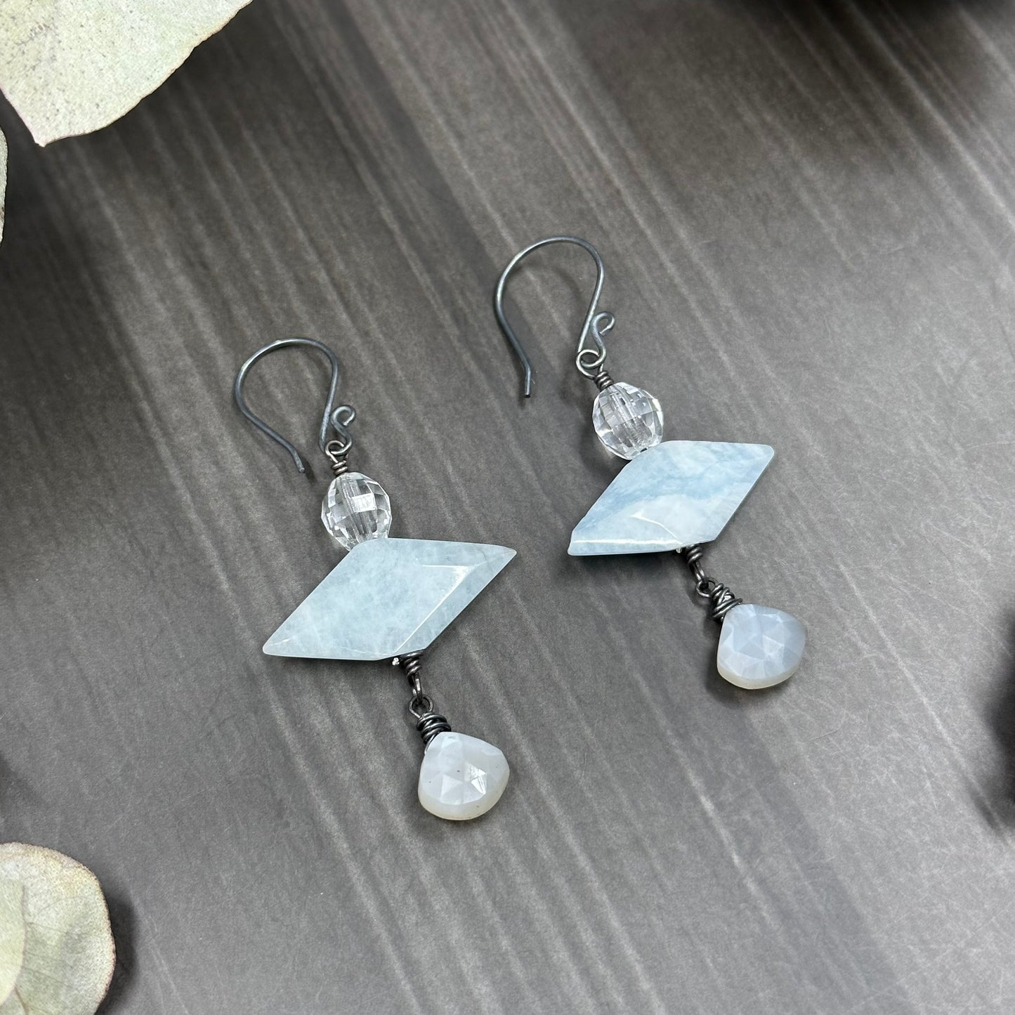 Aquamarine, Glass, Moonstone, and Sterling Silver Earrings