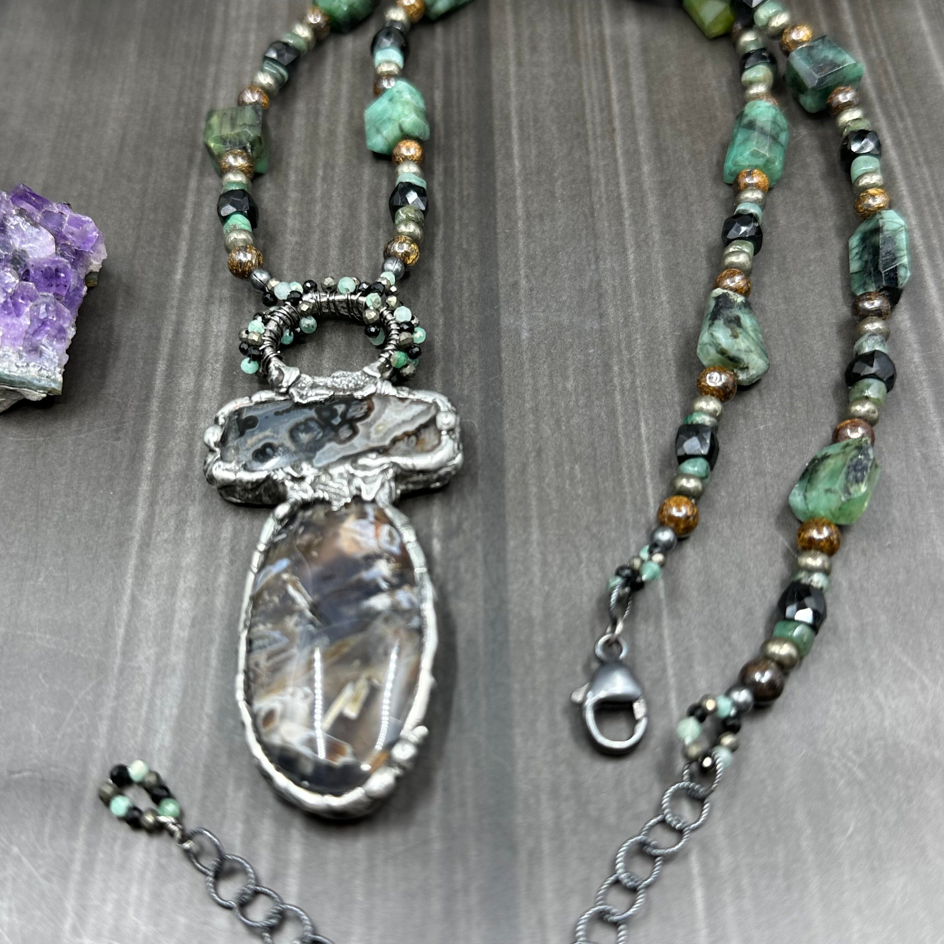 Emerald, Black spinel, Bronzite, and Pyrite Focal Necklace