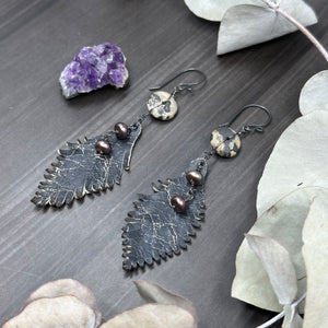 Leather Feather, Porcelain Jasper, and Freshwater Pearl Earrings