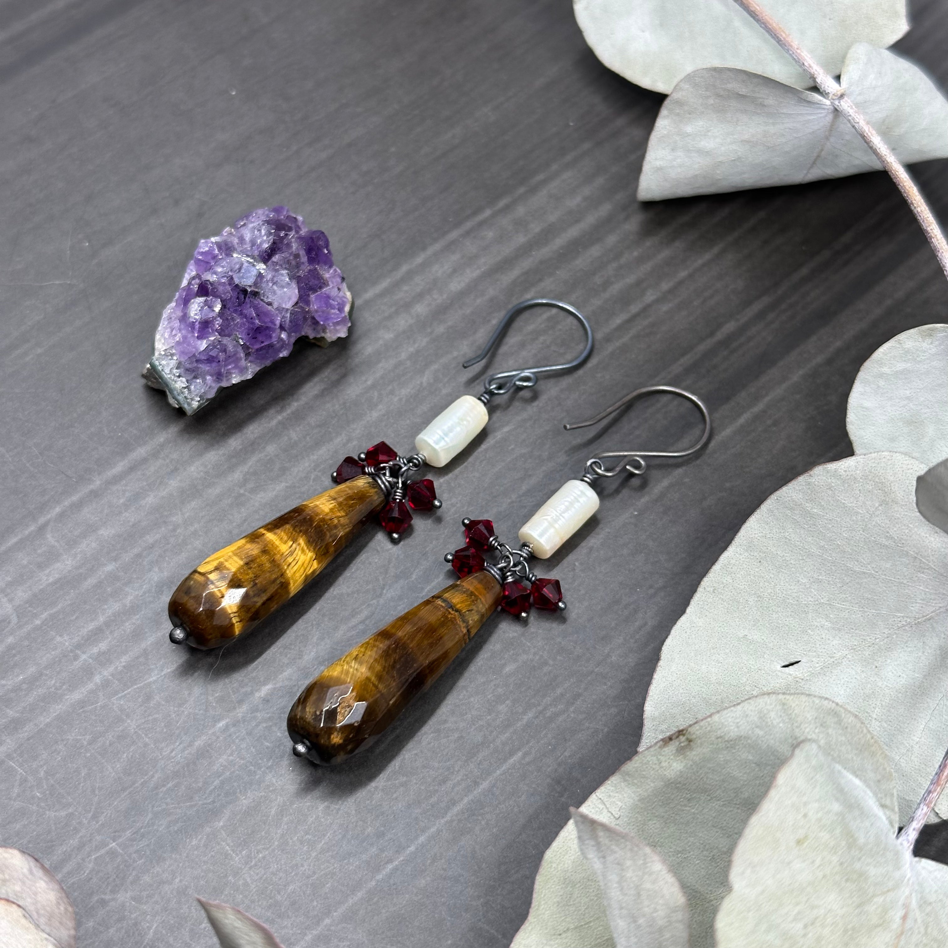 Crystal, Tiger Eye, and Freshwater Pearl Earrings