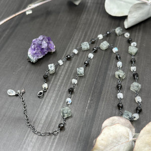 Tourmalinated quartz, smoky quartz, and rainbow moonstone sterling silver necklace