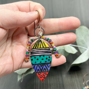 Carnelian, Amethyst, Phosphosiderite, Malachite, Yellow Opal, Enamel, and Crystal Earrings