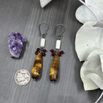 Load image into Gallery viewer, Crystal, Tiger Eye, and Freshwater Pearl Earrings
