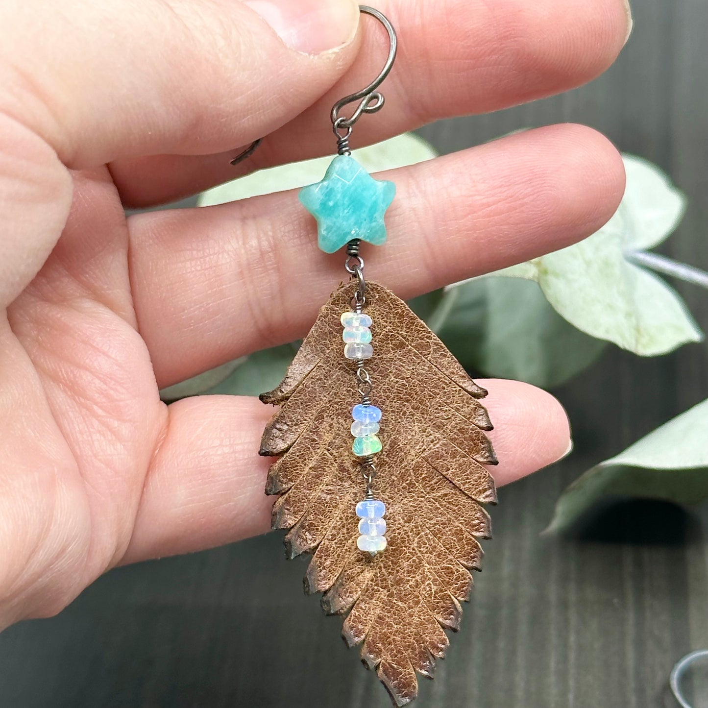 Leather Feather, Amazonite, and Opal Earrings