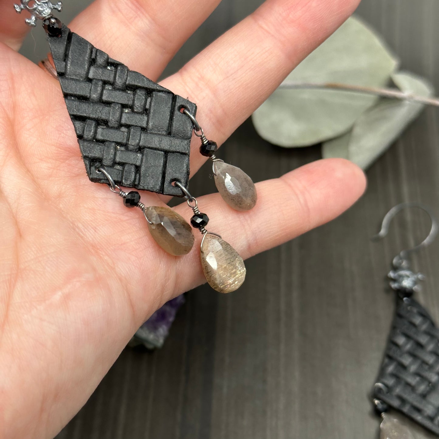 Embossed Leather, Skull, Spinel, and Moonstone Earrings