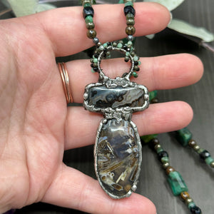 Emerald, Black spinel, Bronzite, and Pyrite Focal Necklace