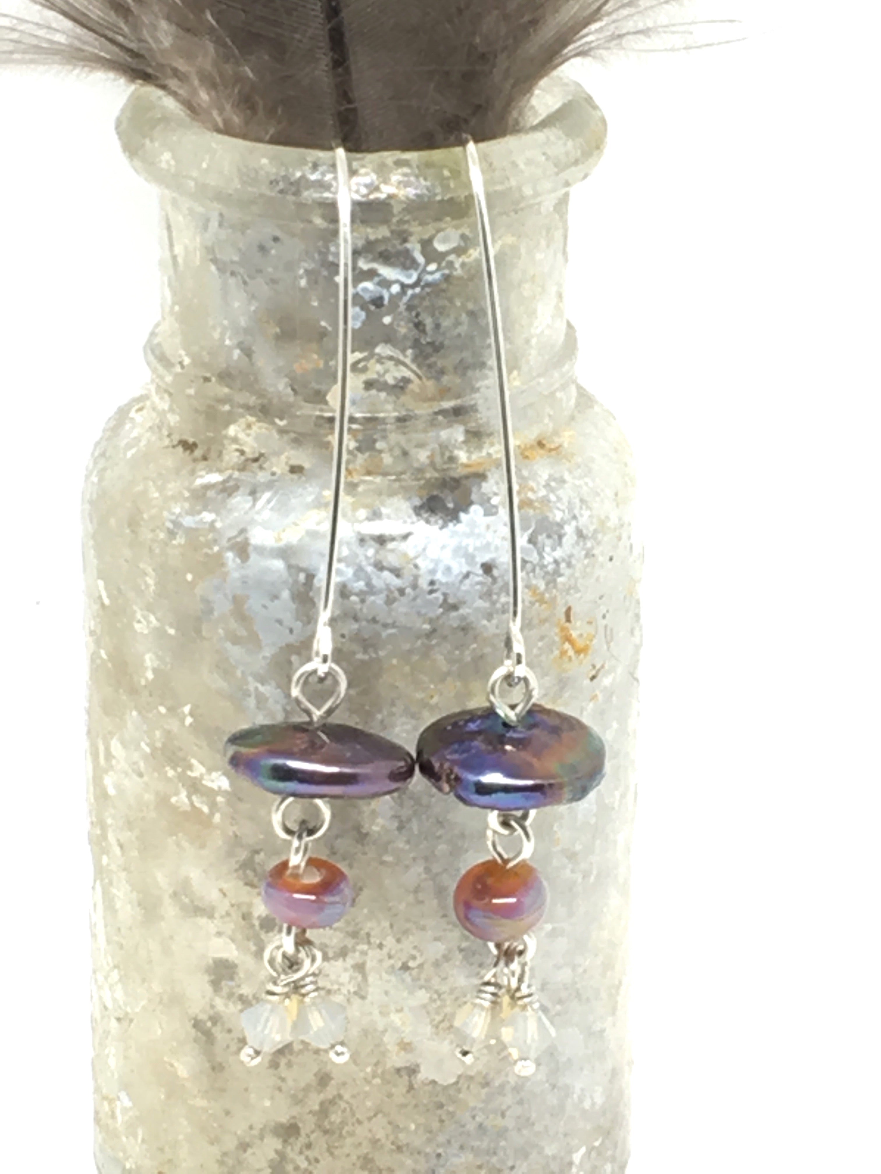 Sterling Silver drop earrings with pearls, Swarovski, and artisan glass
