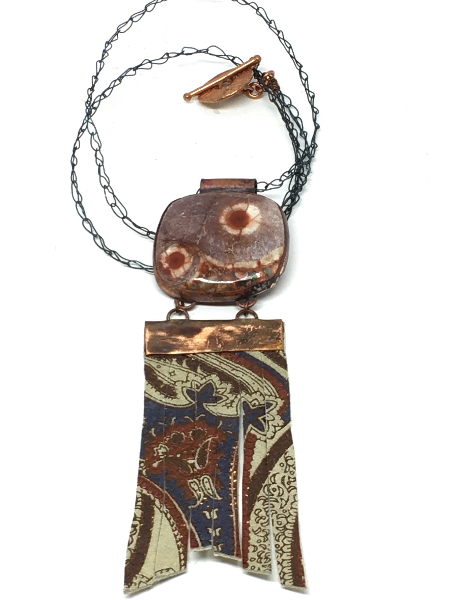 Copper, Birdseye rhyolite, and embossed leather necklace