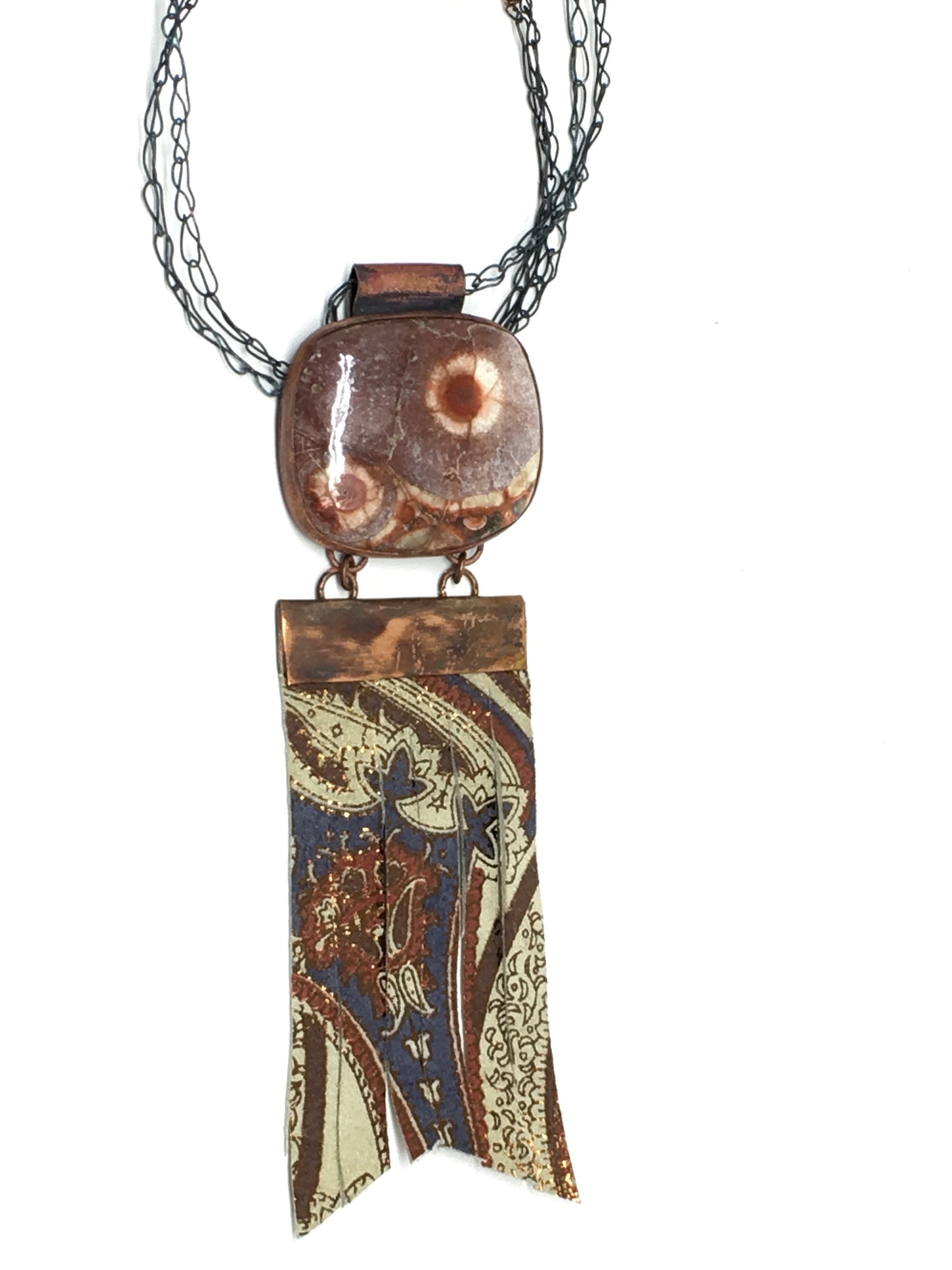 Copper, Birdseye rhyolite, and embossed leather necklace