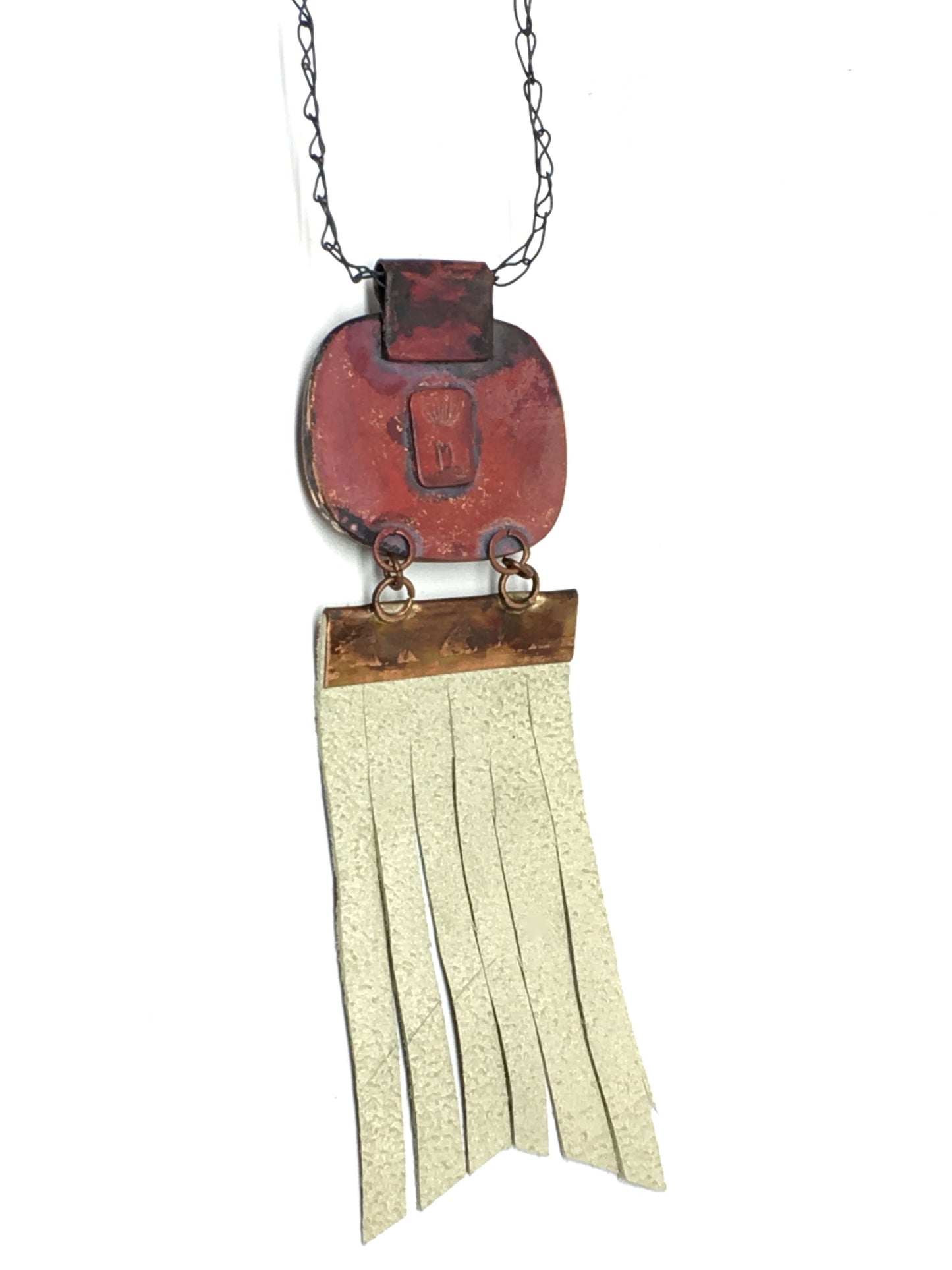 Copper, Birdseye rhyolite, and embossed leather necklace