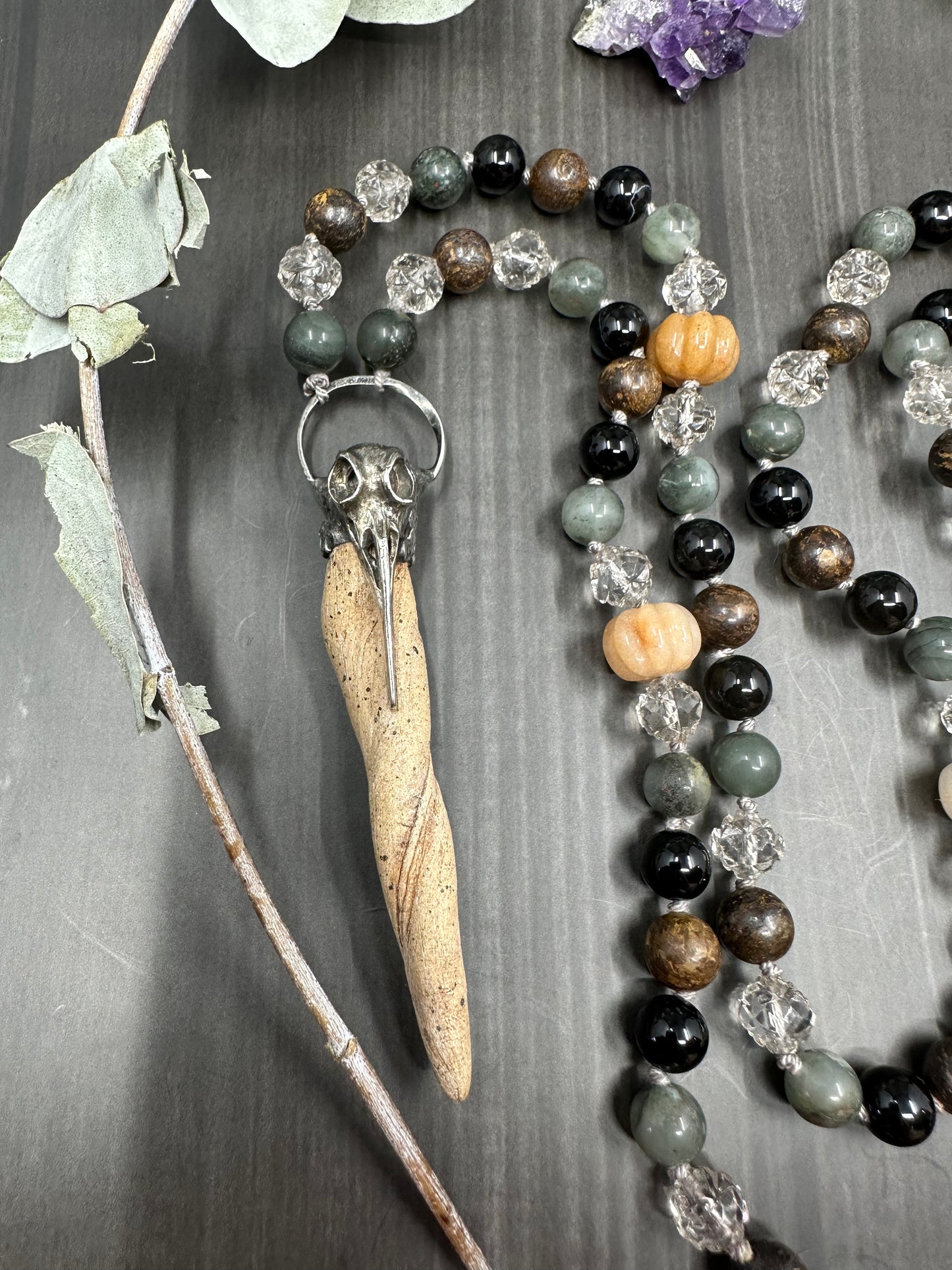 Long Knotted Faux Antler Necklace with Bronzite, Onyx, Glass, and Jade